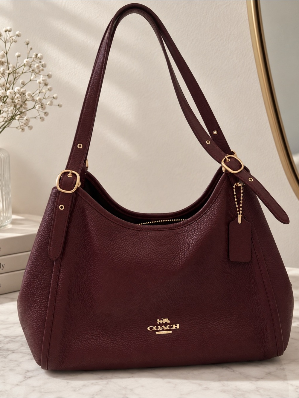 COACH Pebbled Leather Shoulder Bag in Burgundy with Gold Hardware